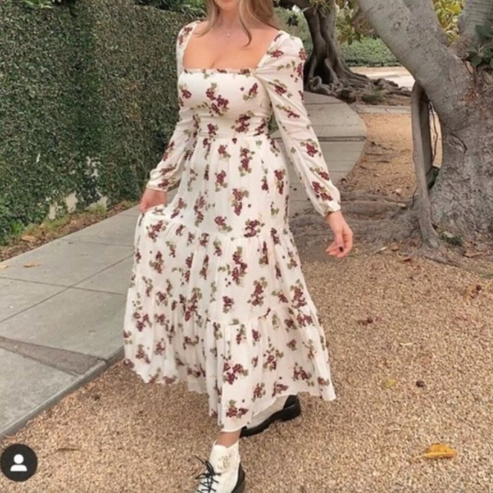 Reformation Floral Midi Dress in Cream and Purple